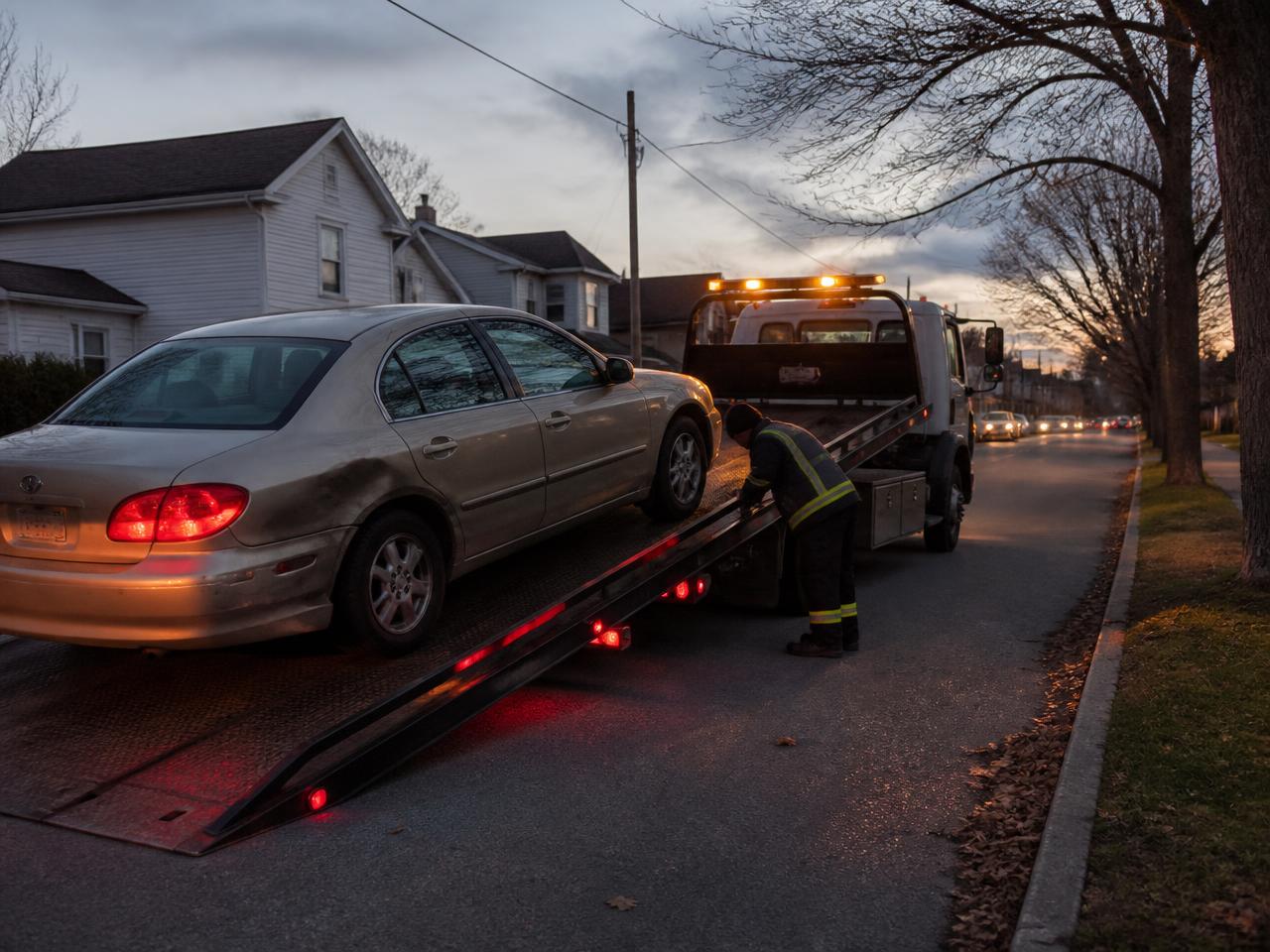 Flatbed tow truck loading a damaged car in North Jersey